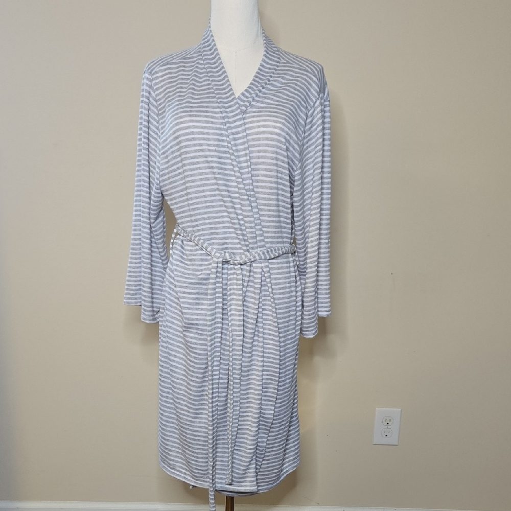 Tahari Gray and White Stripped Robe Cozy Comfy Large